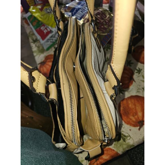 Aimee Kestenberg Lucy satchel black haircalf, ivory pockets, tan trim. - Picture 2 of 6